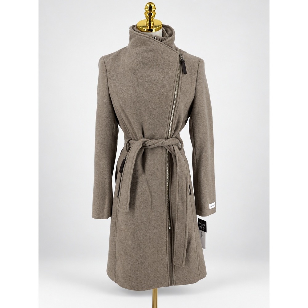 CALVIN KLEIN Wool Blend Belted Wrap Coat Women's Sz S NWT Wheat Asymmetrical